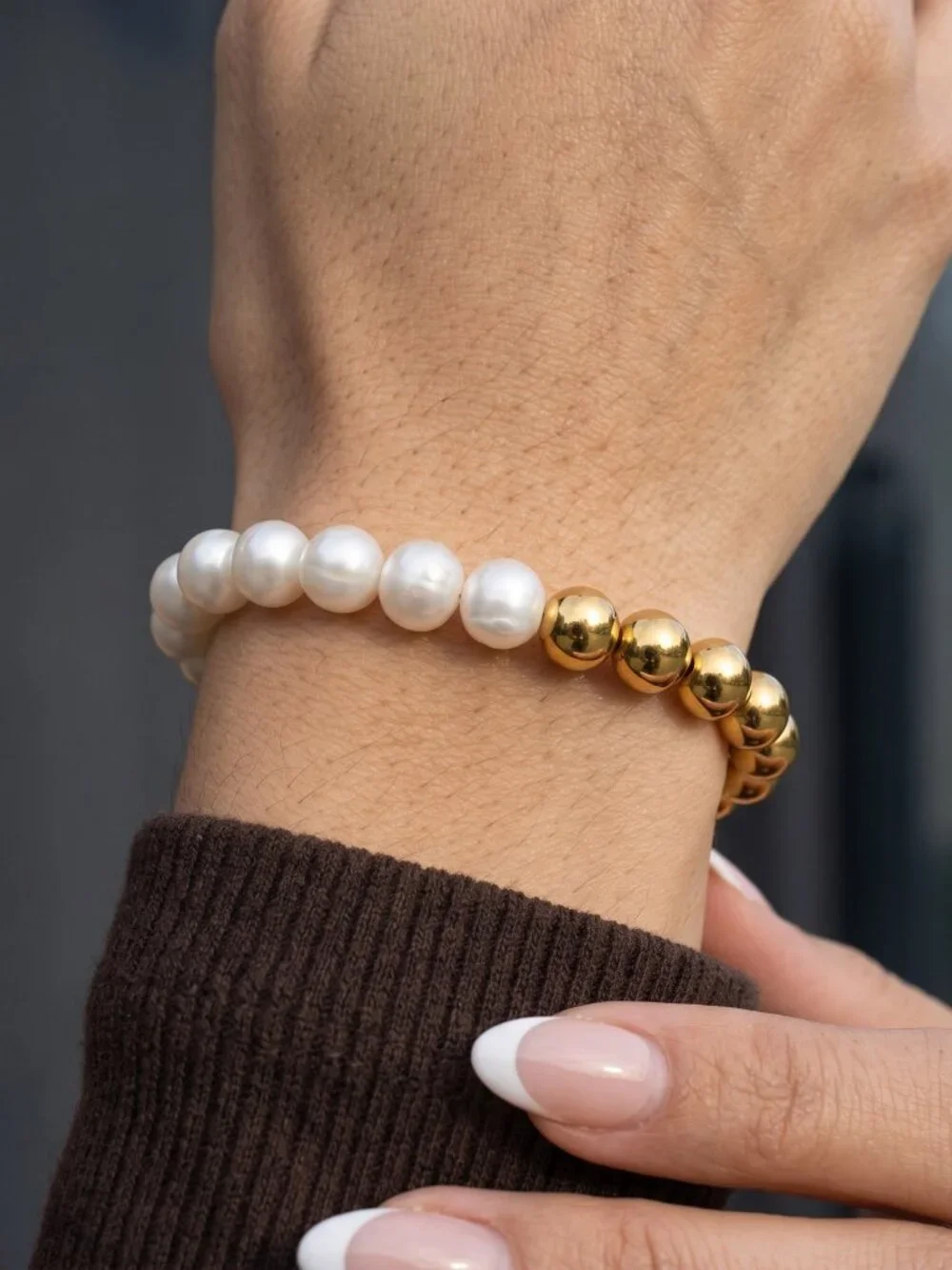 Freshwater Pearl Gold Bead Stretch Bracelet Stackable Old Money Boho Chic 6.3